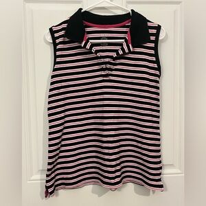 Women’s Medium Cherokee 95% Cotton Sleeveless Black, Pink, & White Striped Polo